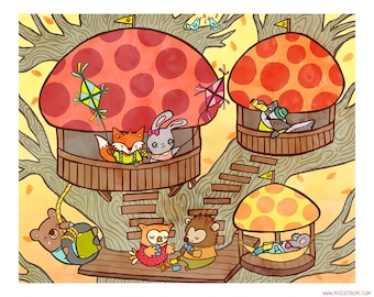 Woodland Animal Treehouse 8x10 or 5x7 Illustration Print