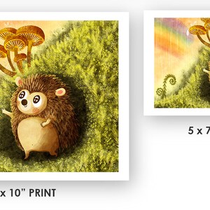 May include: A cute cartoon hedgehog with big eyes stands in a green forest with a rainbow in the background.  The hedgehog is looking up at a cluster of yellow mushrooms.