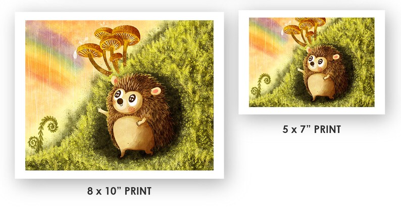 May include: A cute cartoon hedgehog with big eyes stands in a green forest with a rainbow in the background.  The hedgehog is looking up at a cluster of yellow mushrooms.