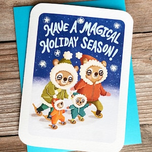 Tenha uma temporada de férias mágica, família de ursos - Cartão de Natal fofo, ursos, caminhada na neve, cartão de saudação de férias, cartão de solstício de inverno fofo, Hanukkah
