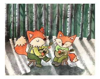 Fox Nighttime Jam Print: Sztuka leśnego przedszkola