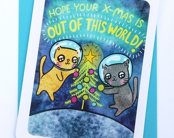 Xmas Card Space Cats - Holiday Notecard, Christmas Card, Funny Christmas Card, Cat Xmas Card, Season's Greetings Card, Cute Christmas Card
