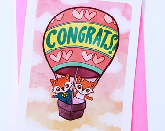 Fox in Balloon Wedding Congrats -Congrats Card Wedding Congratulations card Wedding Card Marriage Card Cute wedding congrats card Engagement