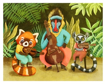 Jungle Musical Trio Art Print-  Cute Jungle Animals Print Jungle Nursery Art for Kids room Red Panda Lemur Baboon Cute Jungle Animal Print