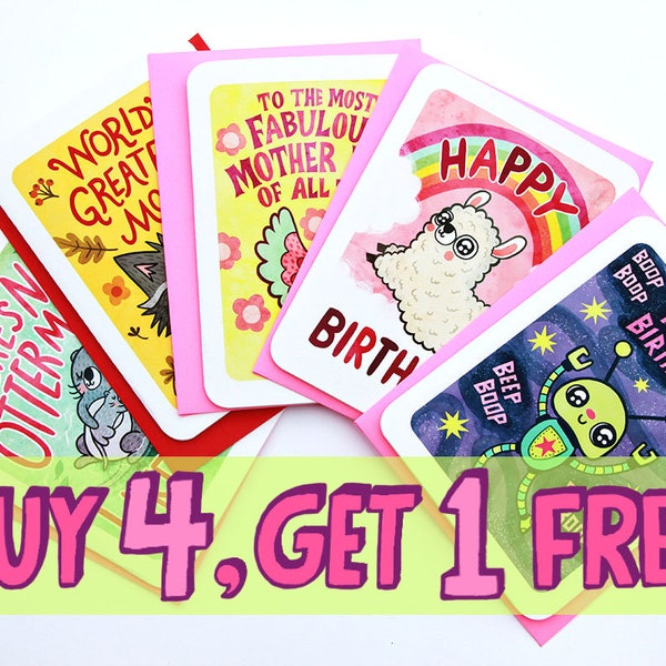 Buy 4 Get 1 Free -Multiple Card bundle Pack Deal cute notecards Multi pack cards Mixed Set choose any 5 cards cute greeting cards funny card