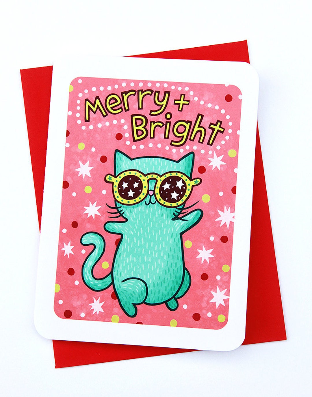 Merry and Bright Cat - Cute Christmas Card Cat Funny Holiday Card ...