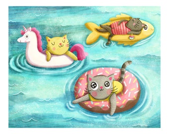 Cats in Pool Floats - Cat Illustration Swimming pool Art Print Cats Illustration Cat lover gift Summer Art print Cute Cat illustration