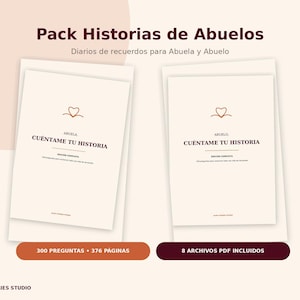 Op de afbeelding: Een set van twee herinneringsdagboeken getiteld Pack Historias de Abuelos, met de tekst Cuéntame tu historia voor Abuela en Abuelo. Elk dagboek bevat een hartpictogram, 300 vragen en 376 pagina's, met 8 PDF-bestanden inbegrepen.