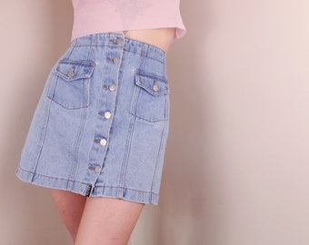 90s Baxy High Waist Denim Vintage Skirt Light Blue Button Down Pockets