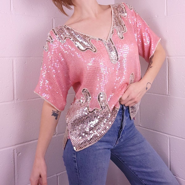 Vintage 80s Silk and Sequin Drip Blouse Pink Silver Oversized Large