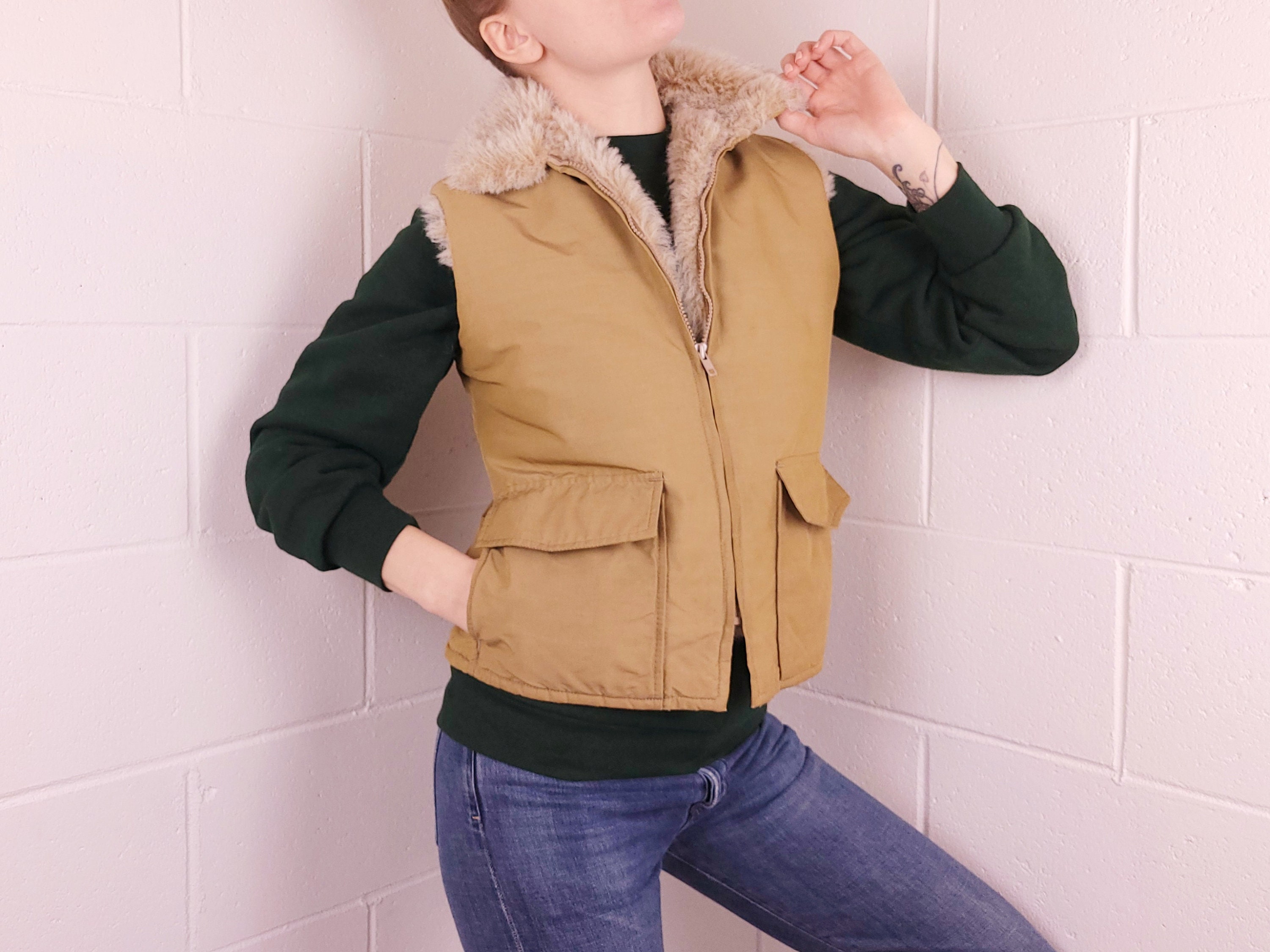 Vintage Woolrich Faux Fur Lined Utility Vest Khaki S Etsy