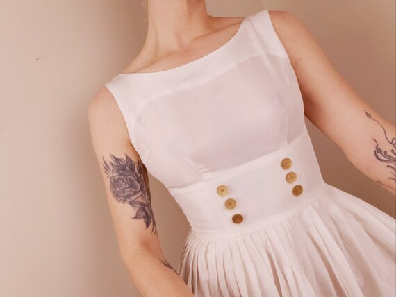 50s Vintage Pleated Chiffon Dress Buttons Wedding