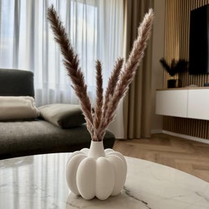 Könnte beinhalten: Eine weiße, kürbisförmige Vase mit schmalem Hals, die mehrere getrocknete, federartige, braune Stiele enthält. Die Vase steht auf einem Tisch mit Marmormuster. Der Hintergrund umfasst ein graues Sofa und ein Fenster mit transparenten Vorhängen.