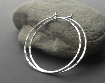 Sterling Silver Hoop Earrings, Medium Thin Hammered Silver Hoops, minimal earrings