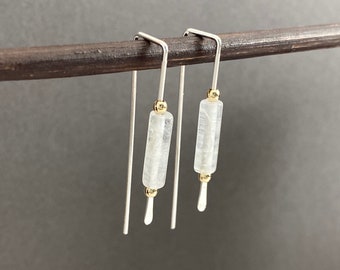 Minimalist sterling silver crystal quartz drop earrings, mixed metal jewelry