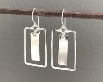 Geometric rectangle sterling silver drop earrings