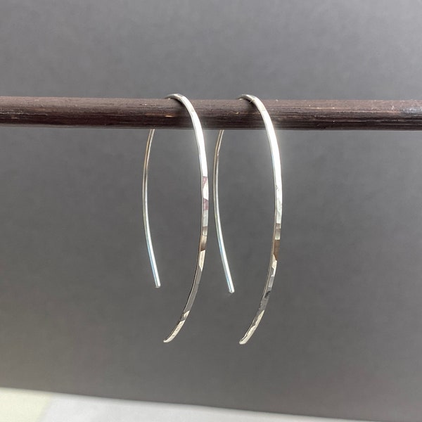 Hammered Silver Earrings, Minimalist Sterling Silver Open Hoops, Wire Threader