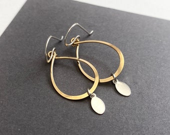 Small silver and gold teardrop dangle earrings, mixed metal drops