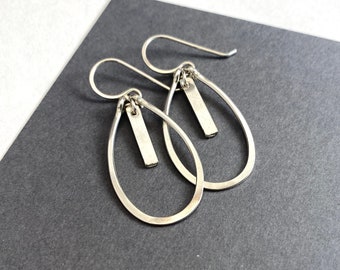 Long sterling silver oval dangle hoop earrings with bar drops