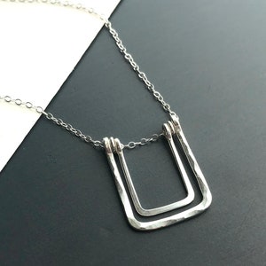 Long Silver Pendant Necklace, Sterling Silver Hammered Square Pendant, Geometric Jewelry