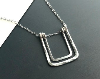 Long Silver Pendant Necklace, Sterling Silver Hammered Square Pendant, Geometric Jewelry