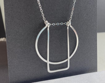 Long silver geometric necklace, sterling silver circle rectangle pendant