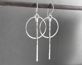 Long sterling silver or gold filled drop dangle earrings, geometric circle with skinny bar drops