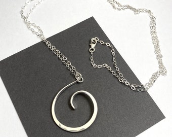 Large sterling silver swirl pendant, Long silver necklace