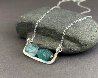 Modern sterling silver gemstone necklace, raw apatite rectangle pendant
