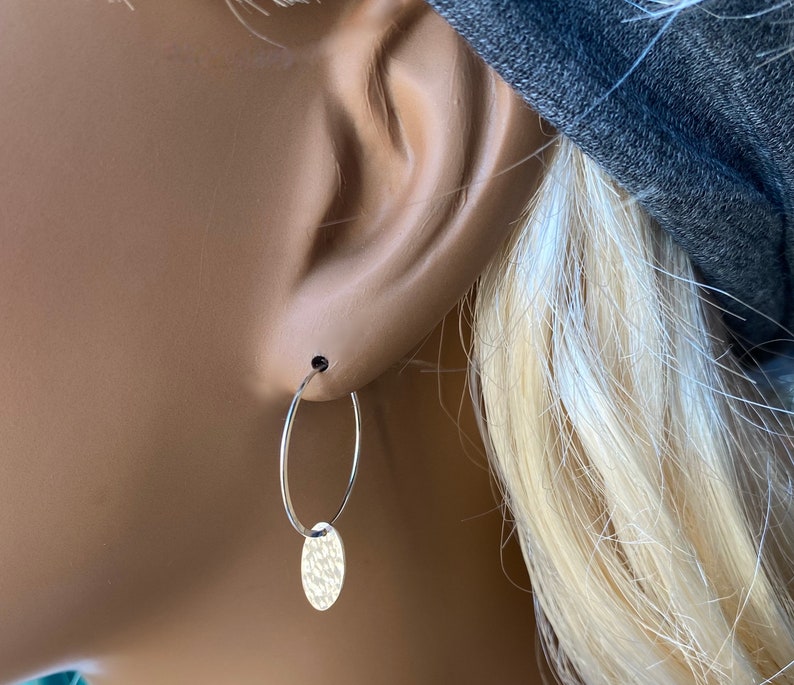 Small Silver Hoop Earrings With Charm Sterling Silver Disc Etsy