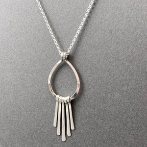 Long Sterling Silver Boho Necklace, Metal Fringe Pendant