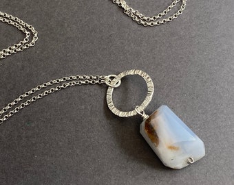 Long silver stone pendant necklace