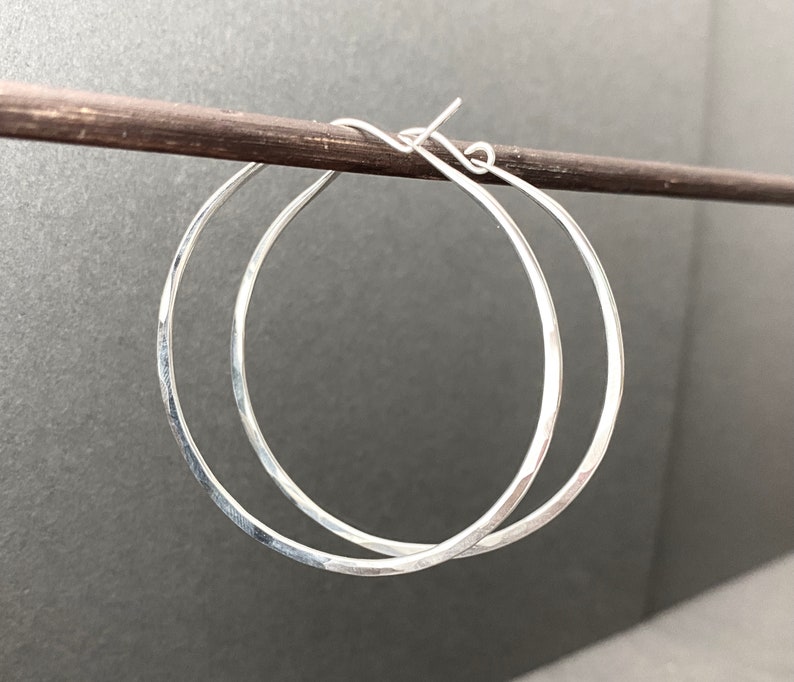 Large Silver Hoop Earrings, Thick Hammered Sterling Silver Hoops, 2 to 2.5 Inch image 2