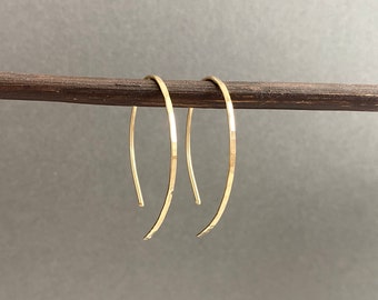 Small gold minimalist hammered threader earrings, oval open hoop