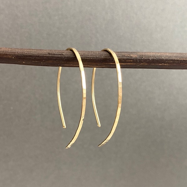 Small gold minimalist hammered threader earrings, oval open hoop