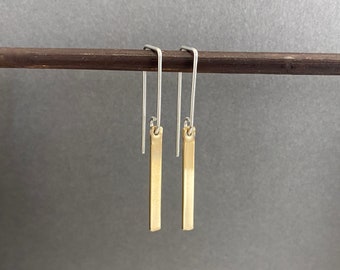 Silver and gold bar dangle earrings, Minimalist mixed metal jewelry