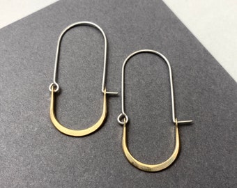 Silver and gold long oval hoops, minimalist mixed metal artisan earrings