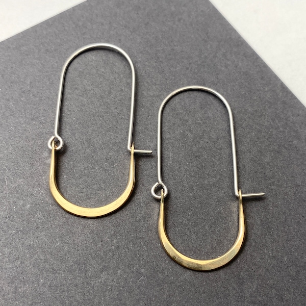 Silver and gold long oval hoops, minimalist mixed metal artisan earrings