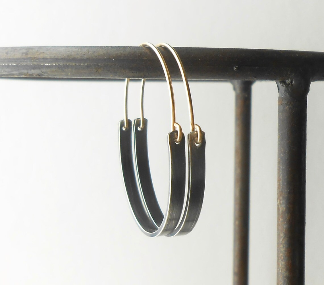 Oxidized Silver Hoop Earrings Mixed Metal Minimalist Jewelry Etsy