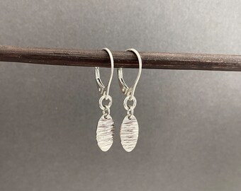 Minimalist hammered sterling silver oval drop earrings
