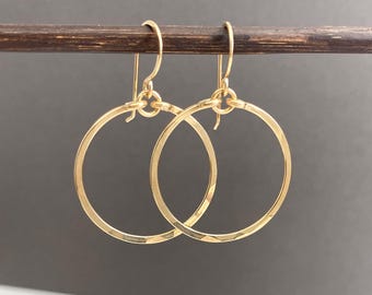 Gold dangle hoop earrings, medium circle drops