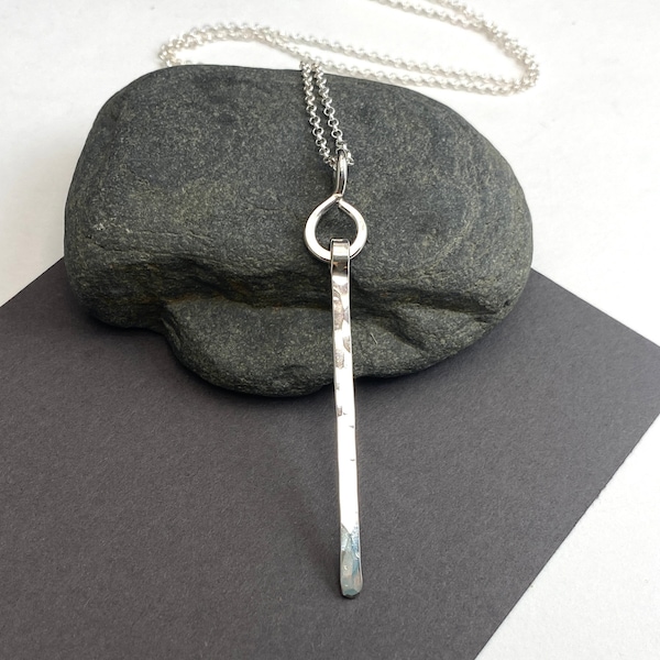 Long silver bar necklace, sterling silver skinny hammered bar pendant