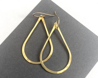 Large gold brass teardrop dangle hoop, boho drop earrings