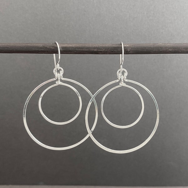 Double circle dangle hoop earrings in sterling silver