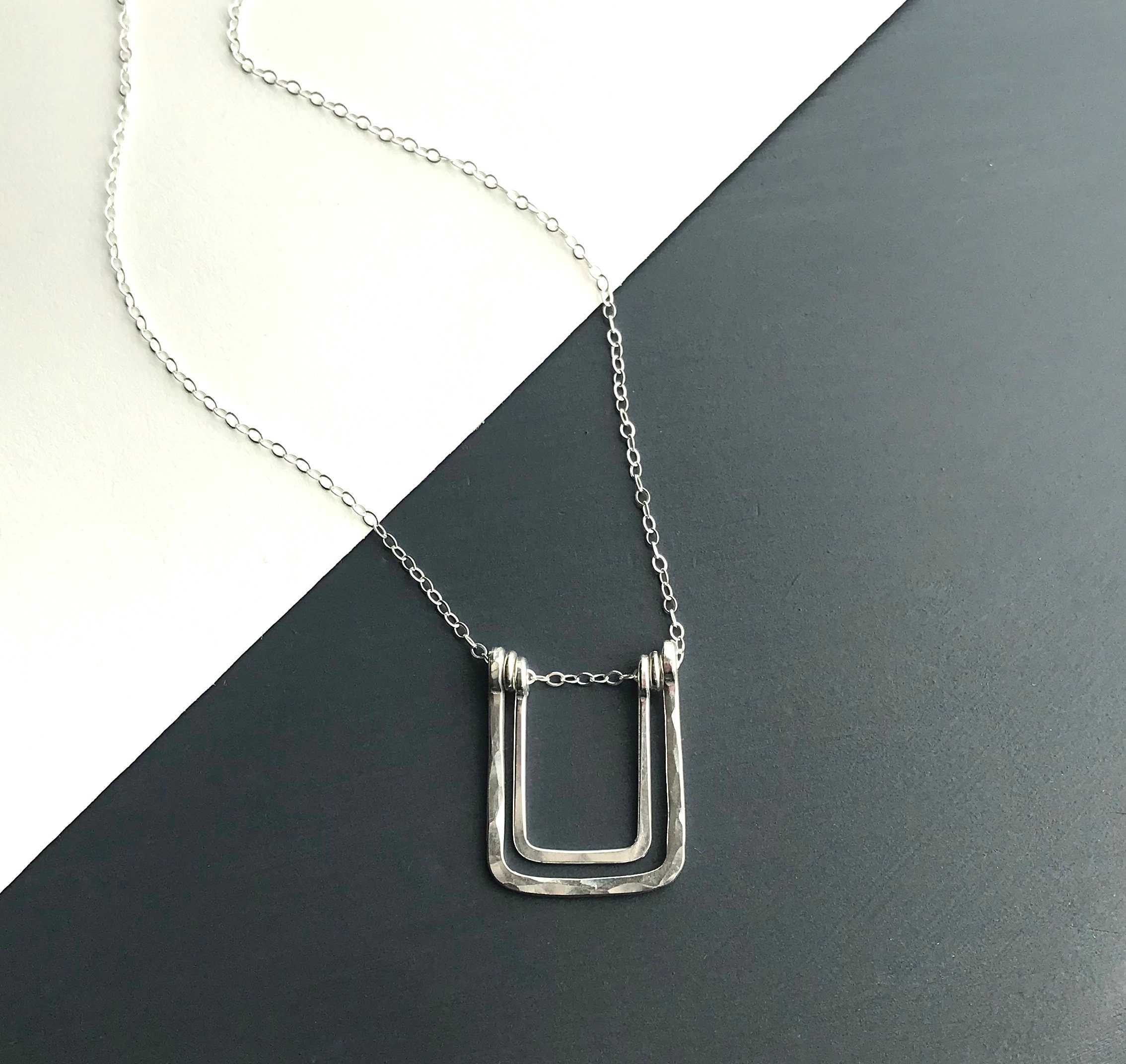 Long Silver Pendant Necklace Sterling Silver Hammered Square - Etsy