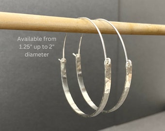 Large Sterling Silver Hoop Earrings, Hammered Boho Hoops, Made To Order