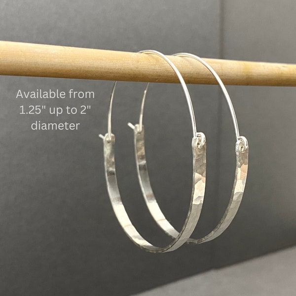 Large Sterling Silver Hoop Earrings, Hammered Boho Hoops, Made To Order