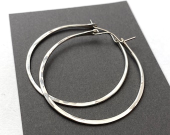 Large Silver Hoop Earrings, Thick Hammered Sterling Silver Hoops, 2 to 2.5 Inch