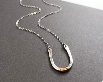 Sterling silver hammered horseshoe pendant with gold wire wrap, Artisan necklace
