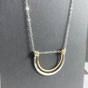 Mixed metal half circle necklace, sterling silver and gold filled minimalist jewelry